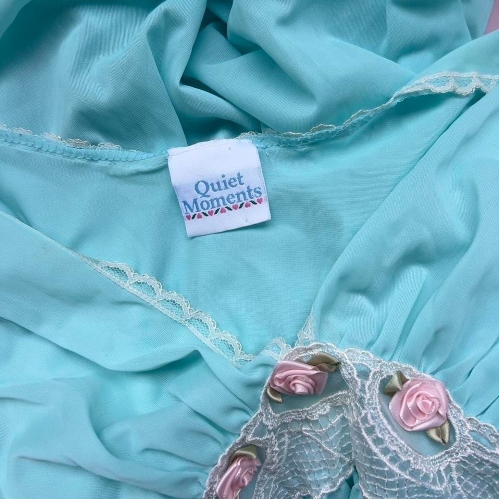 Vintage Aqua Blue Maxi Nightgown Slip Dress Lingerie w/ Sheer Lace Fits Medium - Picture 7 of 8